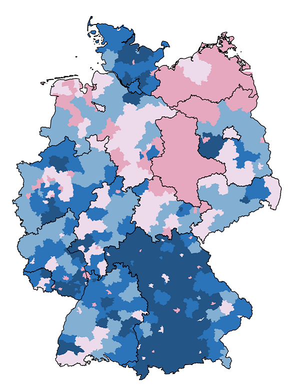 Kartenvorschau zur Wahlbeteiligung bei der Bundestagswahl 2021 auf Ebene der Kreise und kreisfreien Städte (verweist auf: Wahlbeteiligung bei der Bundestagswahl)