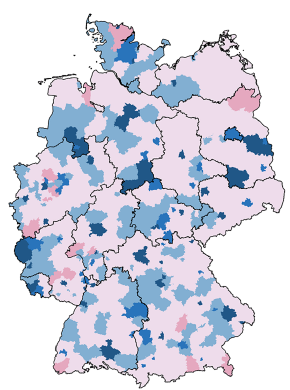 Kartenvorschau zum Außenwanderungssaldo auf Ebene der Kreise und kreisfreien Städte (verweist auf: Außenwanderung)